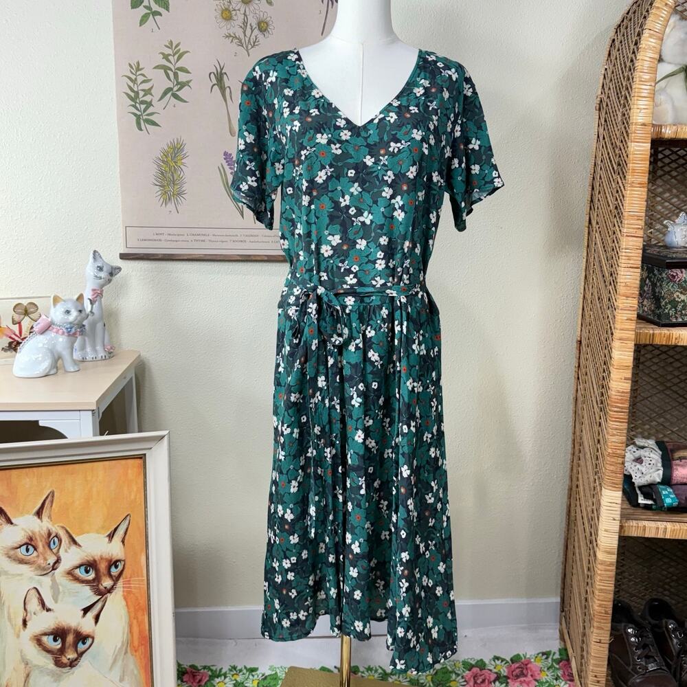 The Kit Green Floral Belted Oversized Midi Dress Lagenlook Mod Retro Cottage S